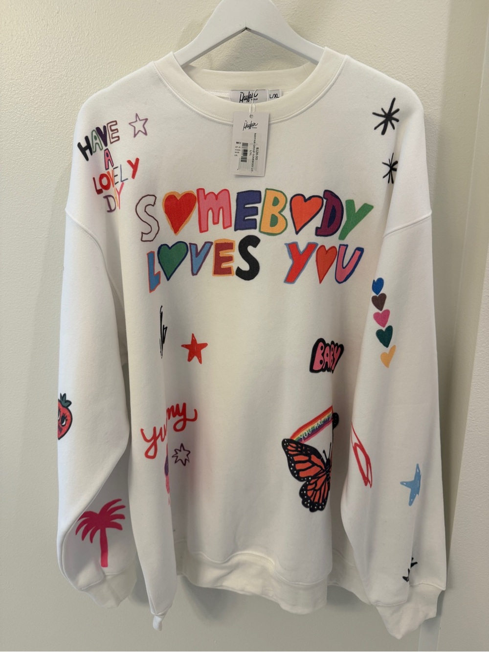 Daydreamer White 'Somebody Loves You' Graphic Crewneck Sweatshirt